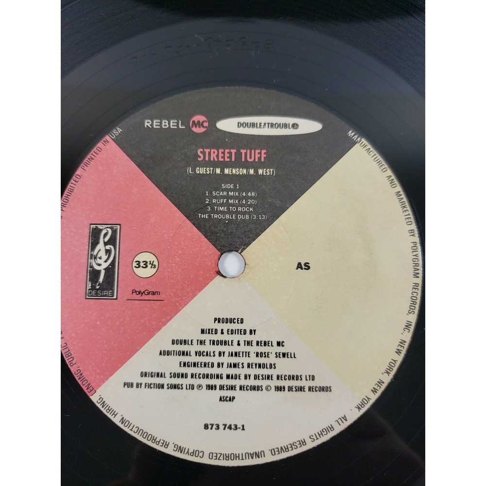 REBEL MC, DOUBLE TROUBLE STREET TUFF 12" SINGLE RECORD VINYL 1989 EX/EX